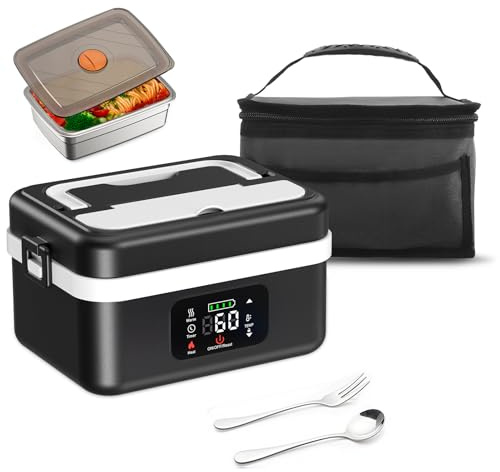 Helangel Electric Lunch Box, 1L Intelligent Heated Lunch Box for Adults with Touch Screen, Fast Heating Portable Food Warmer with Stainless Steel Tableware and Insulated Bag for Car Office Picnic