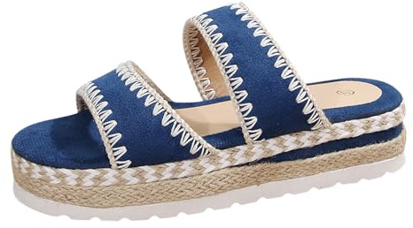 Dam espadriller pantoletter, platåsandaler, tofflor, låg kilklack, öppen tåparti, tofflor, eleganta, bekväma boho-tofflor, strandskor från bast, strand, semester, blå, 36 EU