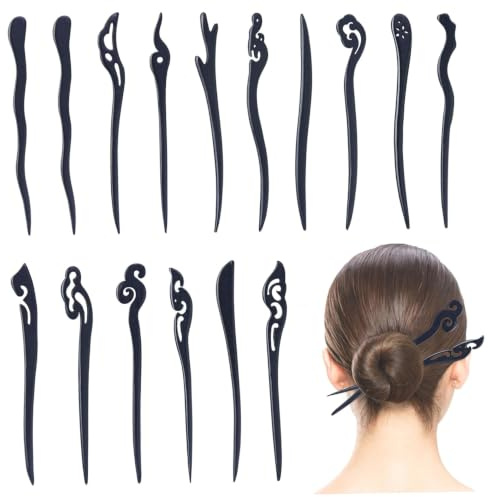 16 bastoncini cinesi per capelli, bacchette per capelli in plastica nera per donna 16 stili bastoncini vintage per panini, spille, mollette per accessori per lo styling lungo.