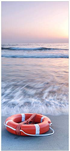 Wallario Selbstklebende Türtapete Rettungsring am Strand bei Sonnenuntergang - Türposter 93 x 205 cm Abwischbar, rückstandsfrei zu entfernen