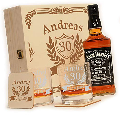 polar-effekt Whisky Geschenkset mit Gravur 6-Teilig Jack Daniels No.7 Flasche - 2 Untersetzer - 2 Whiskygläser Geschenk - Motiv Jubiläum