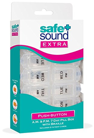 Safe and Sound 7 Day 14 Compartment AM and PM Push-button Easy-open Pill Box, Printed and Braille, Includes Two Patient Record Cards
