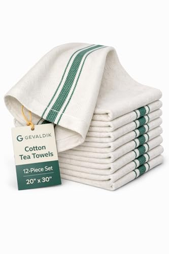 Gevaldik Pack of 12 Kitchen Towel's–100% Cotton, Large 20” x 30” (50cm x 76cm) Dish Towels - Ultra Absorbent, Durable, Washable Green