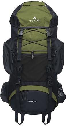 Teton 55L Scout Internal Frame Backpack for Hiking, Camping, Backpacking, Travel, Rain Cover Included, Olive