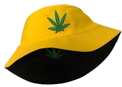 Unisex Sonnenhut Fischerhüte,Bucket Hat Cap Marihuana Weed Stickerei Blatt Cannabis Doppelseitiger Fischerhut Faltbarer Sommer Outdoor Sonnenhut Für Männer Frauen Jugendliche,Gelb,Schwarz,56,58Cm