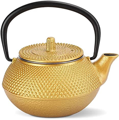 BEZAX 10 Unzen Teekanne aus Gusseisen, Teekessel aus Gusseisen, japanische Teekanne aus Gusseisen mit Edelstahl-Ei für Loseblatt-Tee Gold