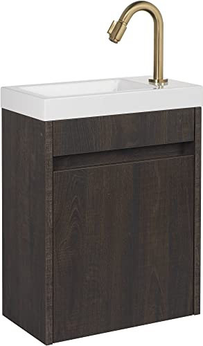 Saqu Florence Gäste WC Waschbecken mit Unterschrank Vormontiert - in Schlossbraun mit Mineralmarmor-Waschbecken und goldenem Wasserhahn - Kleines Gäste WC Bad Möbel mit Waschtisch