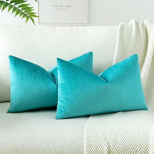 JOTOM Samt Kissenbezug Kissenhülle Sofakissen Dekokissen Kissenbezüge für Sofa Wohnzimmer Schlafzimmer 2er Set 40x60 cm Türkis