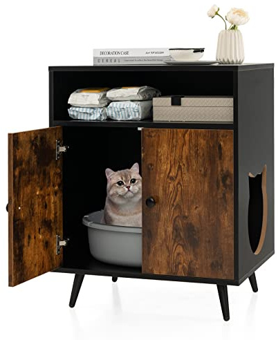 GYMAX 2 en 1 Maison de Toilette pour Chats avec Compartiment Ouvert, Armoire pour Litière de Chat, Entrée Latérale & Pieds Métalliques, Style Industriel pour Salon & Chambre, Marron Rustique(Petit)