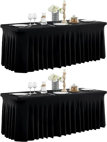 NSSONBEN 2-Pack Schwarze Spandex Tischdecke für 180cm Rechteck Tische, Faltenfreie Stretch Tischdecke mit Rock für Bankett Party Hochzeit Geburtstag Meeting Display Dekoration Tischdecken