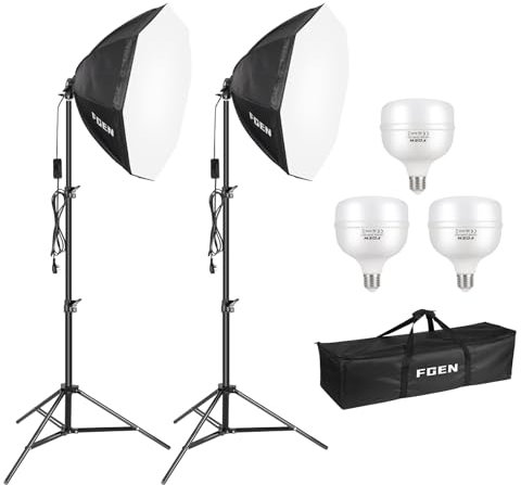Softbox Photography Lighting Kit,FGen 135W Bulb Softbox with Ruggedised Tripod and 5500K Studio Lights 70cm Octagonal Soft box Cable Length 2.5m Suitable for Studio Photography and Video Recording