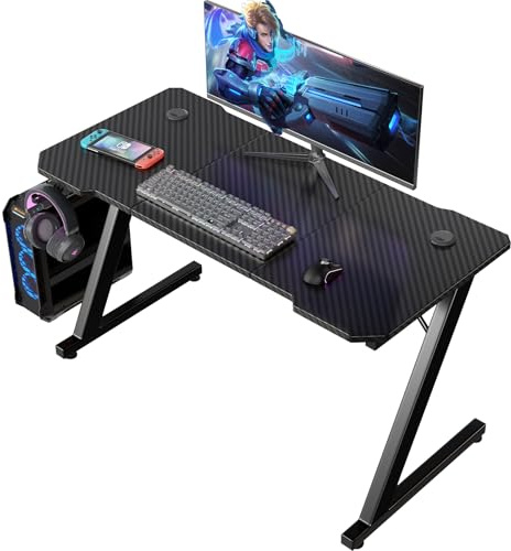 Homall Mesa Gaming 120 x 60 cm, Escritorio Gaming en Forma de Z Ergonómica, Mesa Gamer de Fibra de Carbono, Mesa para Ordenador con Gancho para Auriculares, Negro