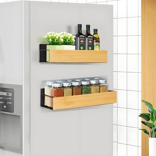 KedioPio Porta Spezie Magnetico per Frigo, 2 Pezzi Portaspezie Magnetico da Frigorifero, Mensole Magnetiche Frigo Porta Spezie Calamita in Legno per Portaoggetti e Supporti la Cucina, Nero
