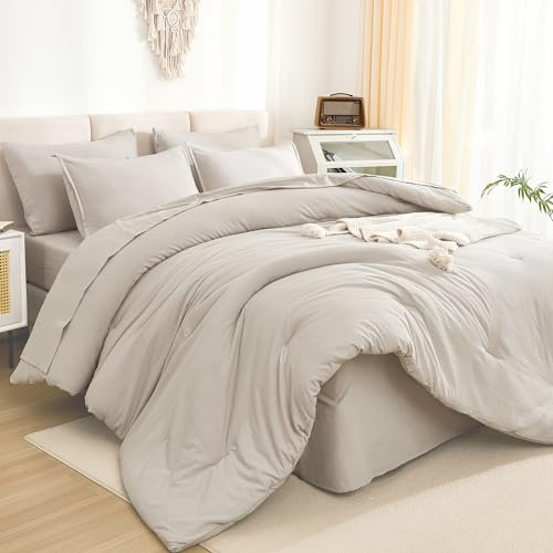 Litanika Queen Comforter Set Linen Grey - 7 Pieces Bed in a Bag Queen Bedding Comforter Sets, Solid Lightweight Bed Set with Comforter, Sheets, Pillowcases & Shams