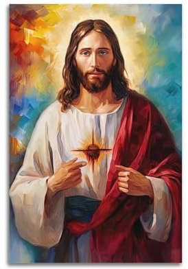 FYRNQ Poster con stampa artistica da parete con Cristo Gesù e il Sacro Cuore di Gesù, decorazione artistica da parete su tela, decorazione per casa e ufficio, 60 x 90 cm, senza cornice