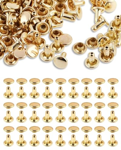 TPZORJX 100 juegos de remaches cuero con tapa redonda - Remaches doble tapa de 6 mm Remaches tubulares Remaches metal rápidos para costura, manualidades en cuero, proyectos bricolaje (dorado)