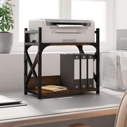 Hovothy Druckerständer 2 Ablagen Druckerregal Aufbewahrungsregal für Drucker Druckertisch Holz Büromöbel Fax-Aktenvernichter Druckerhalter Braun Eichen-Optik 40x20x40 cm Holzwerkstoff Metall