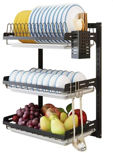 Wall Mounted Dish Drying Rack, 3 Tier Hanging Dish Rack Drainer, Wall Mount Kitchen Plate Organizer Storage Shelf with Drain Tray and 3 Hook, Stainless Steel, Black, Large, Ajustable Height (21.8)