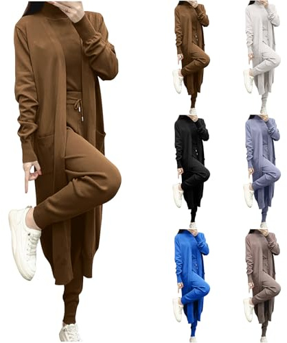 AnnSemo loungewear sets for women 3 piece sets solid color vest long cardigan gym tapered leg high waisted stretch jogging bottoms ladies tracksuit knitted co cord set