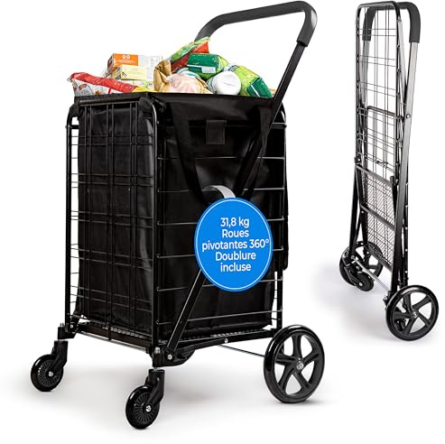 SereneLife Compact Foldable Shopping Trolley with Removable Liner – 45 x 53 x 93cm Collapsible Shopping Cart, 32kg Capacity, Waterproof Bag, 360° Swivel Wheels – Black