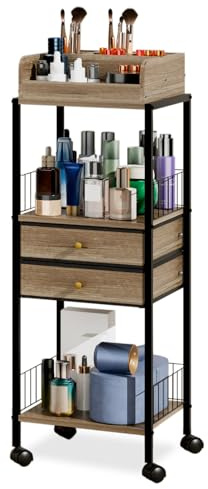 Makeup Organizer Cart Shelf Floor Skincare Organizers Make Up and Station Storage Cabinet For Vanity Standing Cosmetics With Drawers and Wheels For Nail Polish Perfume Hair Tool Beauty(Grey Oak)