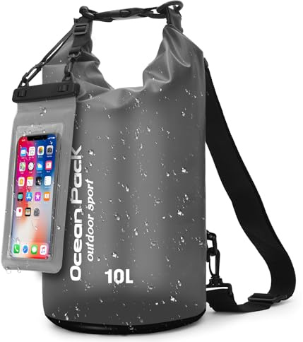 Dry Bag mit Handy-Schutzbeutel & Trageriemen – Wasserdichte Tasche für Outdoor, Camping & Wassersport | 5L, 10L, 20L | Ultraleicht & Robust | Packsack Wasserdicht & Rucksack (Schwarz, 10, Liter)