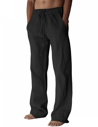 PIDOGYM Mens Cotton Linen Pants Beach Casual Pajama Pants with Pockets | Elastic Waist Drawstring, Lightweight, Wide Leg Loose Design, Vacation Summer Outfits, Baggy Dress Trousers, Yoga for Women