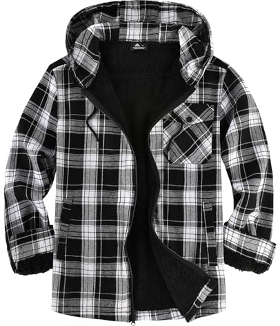 JACKETOWN Veste de Bûcheron Homme Veste Chemise Doublée pour Capuche à Carreaux Flanelle Fermeture éclair Sherpa de Trekking D'hiver Chemise Flanelle Vêtements(Noir Blanc L)