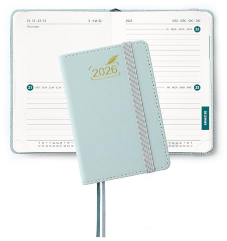 BEZEND Taschenkalender 2026 Klein A7 12 x 8 cm - 2 Tage pro Seite - Mini Terminplaner & Buchkalender 2026 mit PU-Leder Hardcover, Graublau