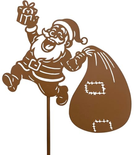 KRONLY Roststecker Weihnachtsmann mit Geschenksack 32cm – Gartenstecker Metall Deko Weihnachten – Edelrost Santa Figur für Außen – Weihnachtsdeko wetterfest