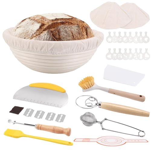 Korg jäsning bröd göra bröd set runda korgar jäsning deg mamma test bakning bröd proofing korg bakning komplett nybörjare med linneduk, degskrapa, silikonborste