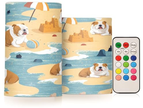 ALAZA Dog Parasol Pattern Flickering Flameless Candles Battery Operated with Remote Timer,Tea Light Candles LED Pillar Votive Candles Set of 2 for Outdoor Indoor Decorations