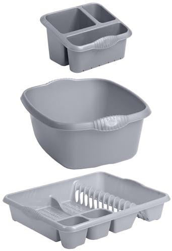 Homey Mart 3-Piece Kitchen Washing Set, Large Dish Drainer, 39cm Rectangular Bowl and Sink Organiser - Silver/Grey