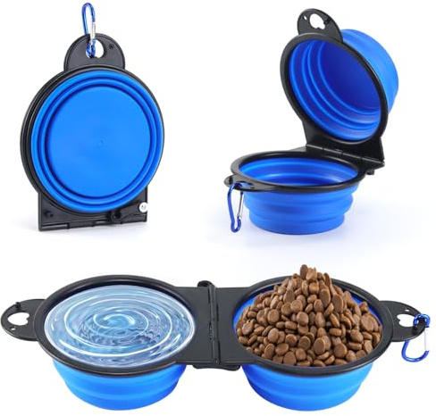 Qcdou Cuenco Plegable Perro, 2 en 1 Bebedero para Perros, Bebedero Perro Portatil de Silicona con Mosquetón, Antigoteo, para Perros, Gatos y Mascotas (Azul-B)