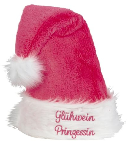 MF Nikolausmütze Glühwein Prinzessin, Pink-Weiß, 48 cm, Plüsch mit Bommel und Stickerei