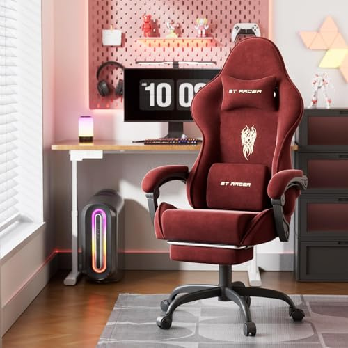 WoRaum Sedia da Gaming, Sedia da Ufficio Girevole con Supporto Lombare e Testa Regolabile, Braccioli e Poggiapiedi, Rivestimento in Tessuto Traspirante per PC Racing (Rosso)