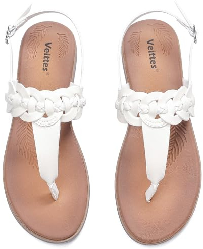 Veittes women's Dressy T-strap Casual Fancy Slide flat Sandals. | Comfortable Footbed,Buckle Closure Ankle Strap,Round Open Toe,lightweight Summer Beach Thong Sandals.