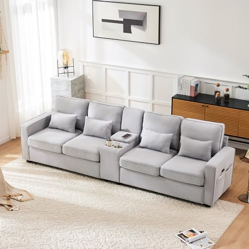 Mrwoo Sofá Moderno de 4 plazas con Consola, 2 Portavasos, 2 Puertos-USB, con Bolsillos en el Reposabrazos y 4 Cojines, Adecuado para Sala de Estar, Apartamento, Oficina, Lino, Gris Claro
