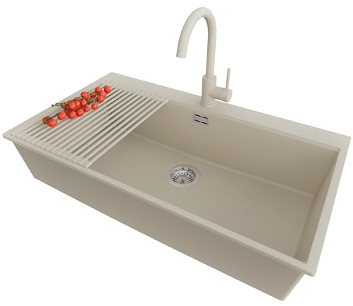 PRIMAGRAN Fregadero Granito al Mueble 90cm + Grifo, 88x50cm | Set: Grifo BW5010 + Kit de desagüe + Enrollable Escurridor + Oslo 90 Top 1 Seno para Cocina, Beige