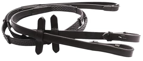 JA Horse Riendas de piel con goma elástica – Riendas de cuero de alta calidad con revestimiento de goma y tope Martingala para un agarre y control seguros (negro, completo)