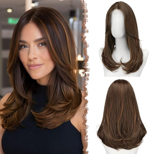FESHFEN Lace Front Perücke Damen, Kunsthaar Perücken Pony, Braun Gemischt