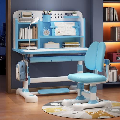 Aislerbee Kinderschreibtisch höhenverstellbar, Schreibtisch- und Stuhl-Set für Kinder mit Sitzkorrektur, ergonomischer Schreibtischstuhl mit Buchständer, Fußpedal und Trennwand-Design (Blau)
