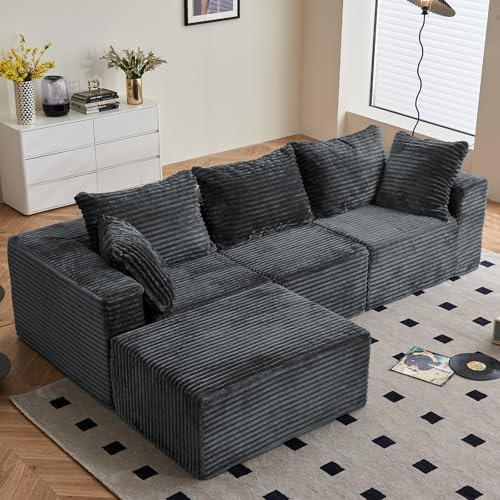 Vamcheer Modulares Ecksofa mit Schlaffunktion, L-Form Sofa in Grau | 4 Module, weicher Kaninchenplüsch, High-Resilience-Schaumstoff, mit Hocker und Rückenkissen