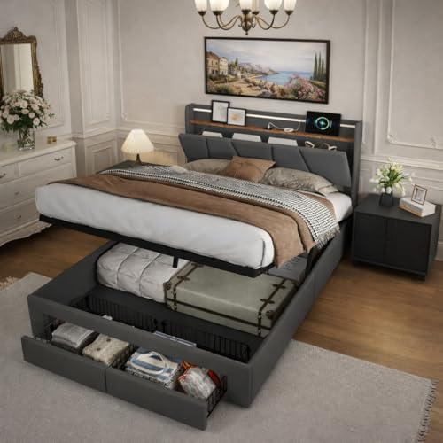 Boxspringbett Polsterbett 140x200cm mit Stauraum, Hydraulisch Stauraumbett mit Bettkasten und 2 Schubladen, Doppelbett mit LED und USB, Jugendbett mit Lattenrost, Leinen, Dunkelgrau (140x200cm)