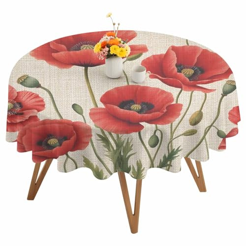 Liajuuhlgas Flowers Round Tablecloth 54 Inch, Red Opium Poppy Flowers Vintage Linen Round Table Cloth Waterproof & Washable Table Cover Decorative Tablecloth for Kitchen Dining Picnic Camping Party