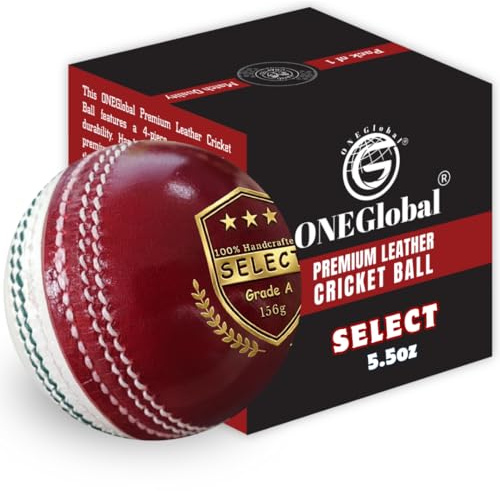 ONEGlobal Select - Pelota de críquet de cuero, 100 % hecha a mano, 156 g, construcción de 4 piezas, ideal para T20, práctica de red, entrenamiento, etc.