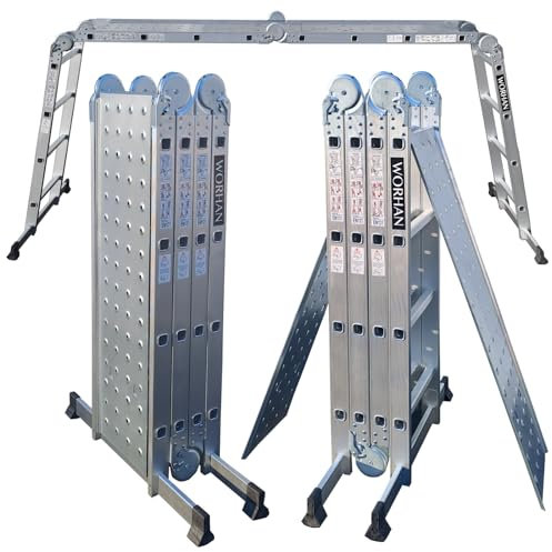 WORHAN SCALA MULTIUSO IN ALLUMINIO 4.6m+PLATFORMA PIEGHEVOLE MULTI POSIZIONE 14 FUNZIONI CON STABILIZZATORI KS4.6+platforms
