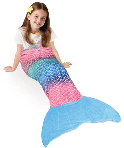Catalonia Classy Mermaid Tail Blanket, Soft Warm Plush Fleece Sleeping Bag Snuggle Blanket for Teens, Fish Scale Pattern, Blue Rainbow Ombre, 155 x 50 cm