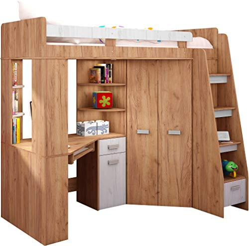 FurnitureByJDM Hochbett mit Schreibtisch, Schubladen, Regalen | 80x200 cm Bettgröße mit Kleiderschrank - Rechtsseitige Treppe – ANTRESOLA (Craft Gold/Craft White)