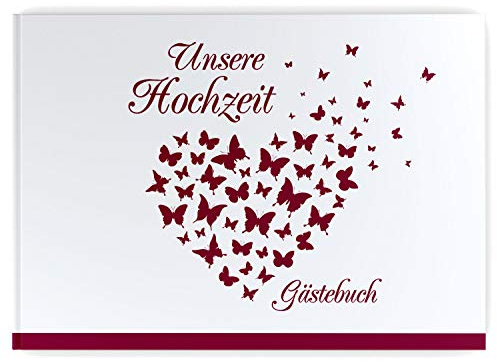 DeinWeddingshop Gästebuch Hochzeit - Hardcover, ohne Fragen, A4 quer, Butterfly Heart (weinrot)